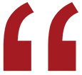 Two red semicircles with a large white quotation mark.